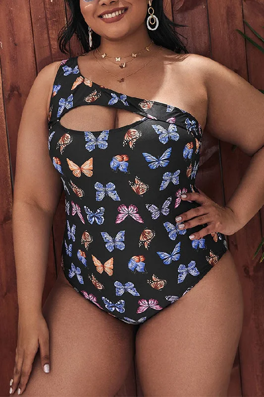 Plus Size Women's Button - Down One - Pieces in Light Blue for a Casual and Comfortable Day OutPlus Size Butterfly Print One Shoulder Cut Out One Piece Swimsuit Plus Size Women's Button - Down One - Pieces in Light Blue for a Casual and Comfortable Day OutPlus Size Butterfly Print One Shoulder Cut Out One Piece Swimsuit
