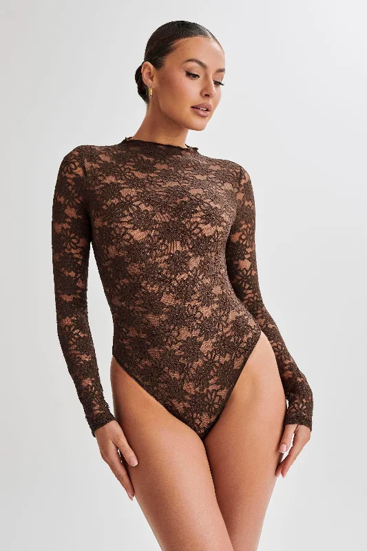 Plus - Size Bodysuits with a Comfortable and Flattering FitRenata Lace Long Sleeve Bodysuit - Chocolate Plus - Size Bodysuits with a Comfortable and Flattering FitRenata Lace Long Sleeve Bodysuit - Chocolate