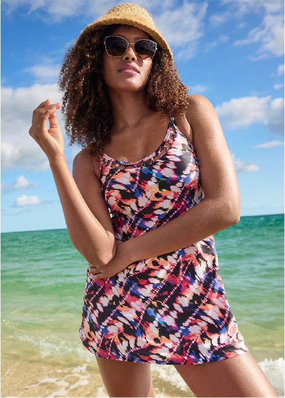 Women's Plaid Patterned One - Pieces in Red and Black for a Classic Fall LookRing Swim Dress - Island Escape Women's Plaid Patterned One - Pieces in Red and Black for a Classic Fall LookRing Swim Dress - Island Escape