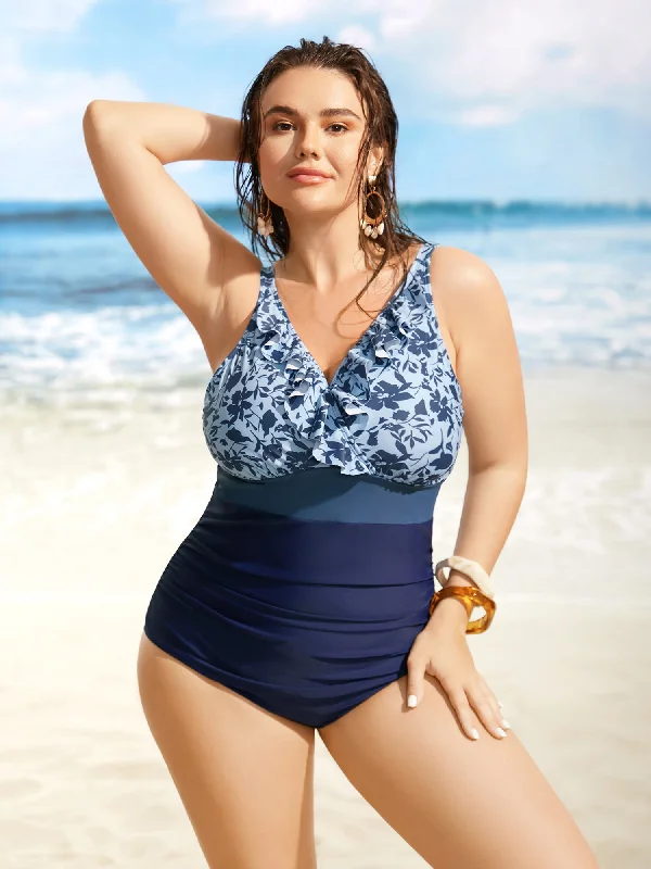 Women's Strapless One - Pieces in Royal Blue with Beaded Accents for a Formal EventSilhouette Floral Print Patchwork Ruffles One Piece Swimsuit