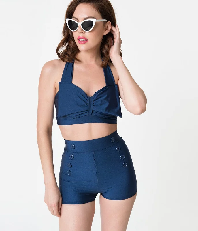 Women's Color - Blocked Swim Tops in Orange and Pink for a Vibrant Summer LookVintage Style Navy Blue Bow Halter Swim Top Women's Color - Blocked Swim Tops in Orange and Pink for a Vibrant Summer LookVintage Style Navy Blue Bow Halter Swim Top