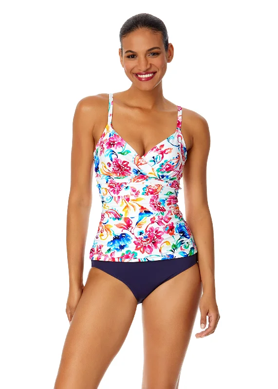 Women's Cut - Out Swim Tops in White with Geometric Shapes for an Edgy Beach StyleWomen's Watercolor Paisley Twist Front Underwire Tankini Swim Top Women's Cut - Out Swim Tops in White with Geometric Shapes for an Edgy Beach StyleWomen's Watercolor Paisley Twist Front Underwire Tankini Swim Top
